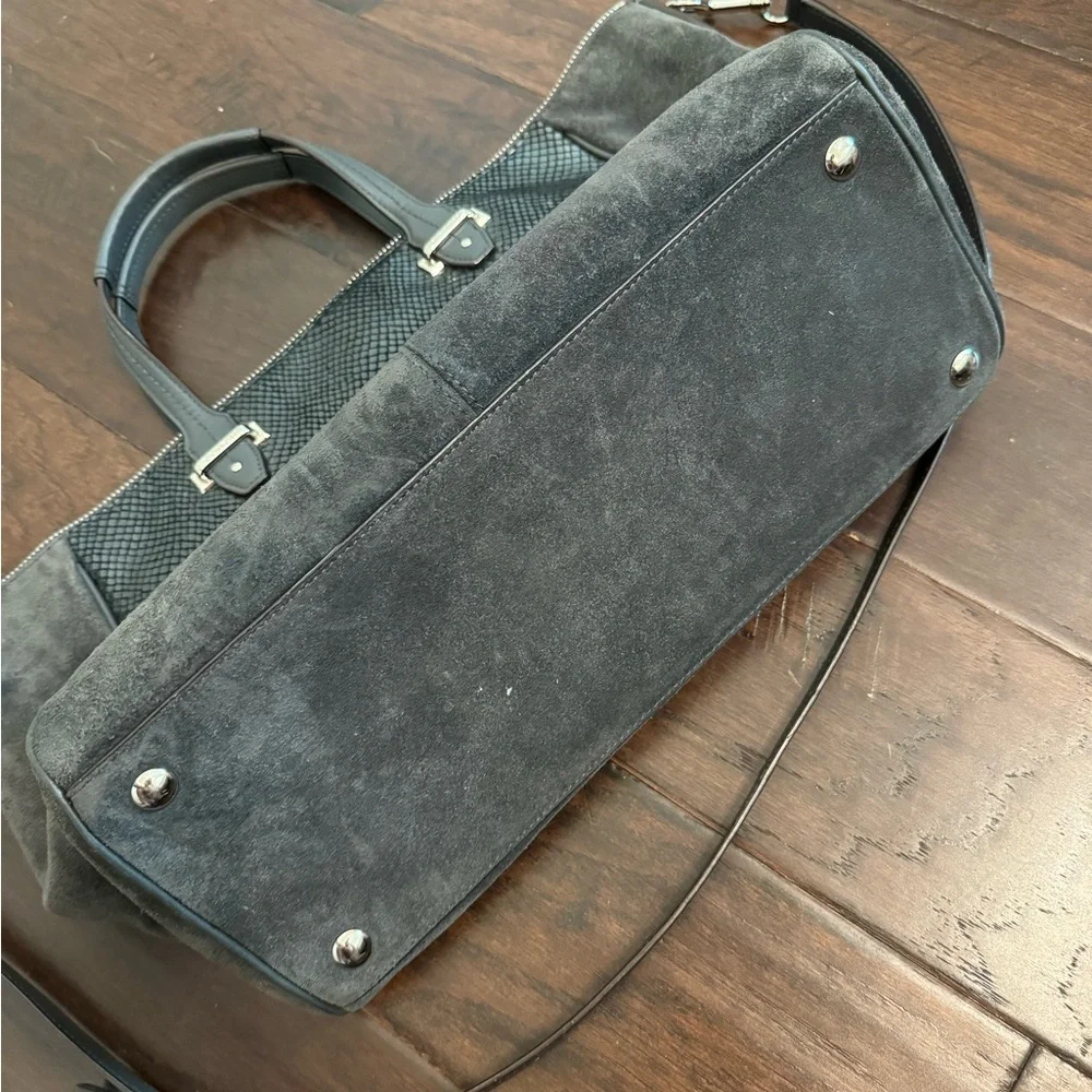 Coach Mixed‑Material Tote — Suede & Embossed Leather — Black/Grey